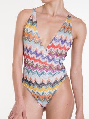 Missoni Multicolor Chevron V-Neck One-Piece Swimsuit